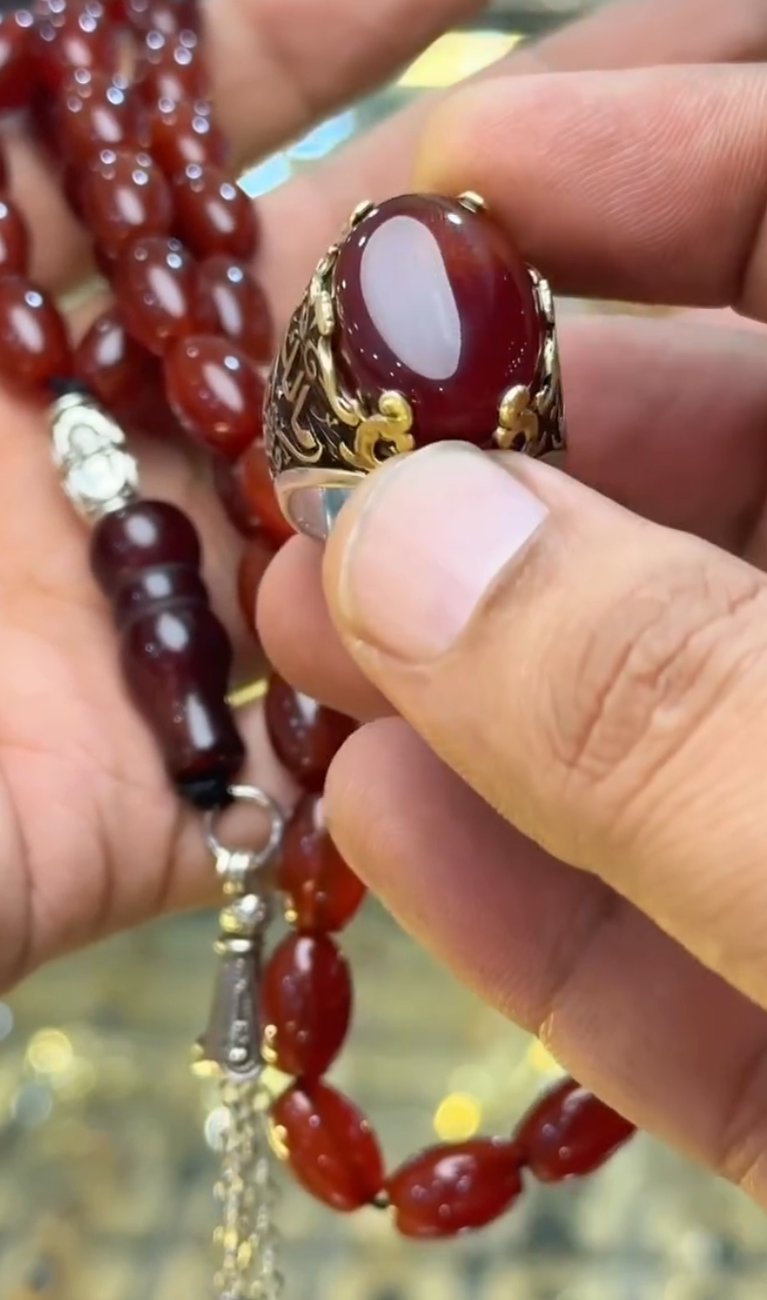 Real REBUY Red Agate Stone Tasbih With Custom Name Ring